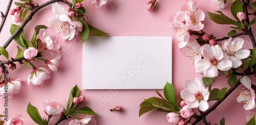 Pink Flowers and a Blank White Card on a Pink Background © olegganko
