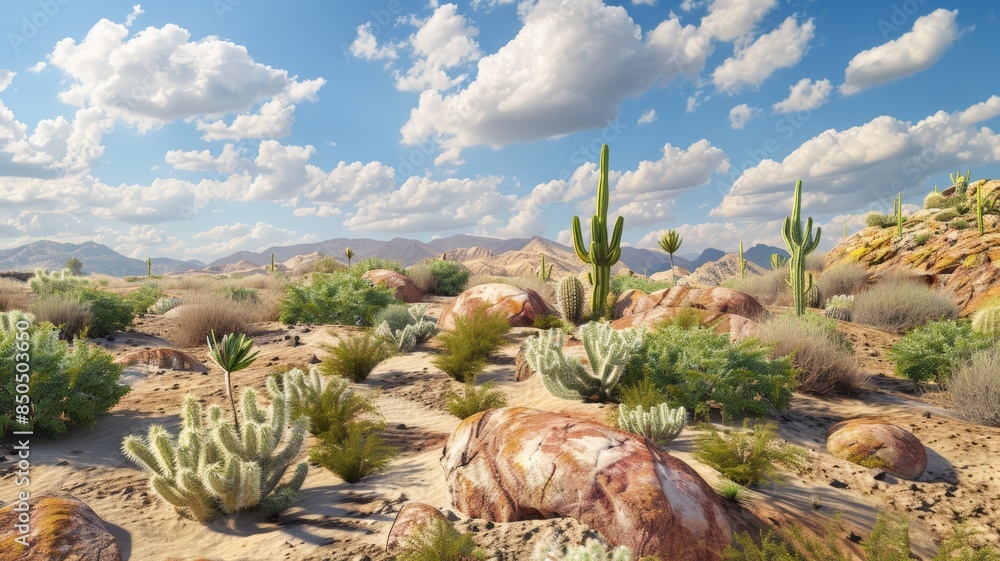 Sunny Desert Oasis. Cacti Stand Tall Amid Rocky Terrain. Sunny Desert Oasis. Cacti Stand Tall Amid Rocky Terrain.