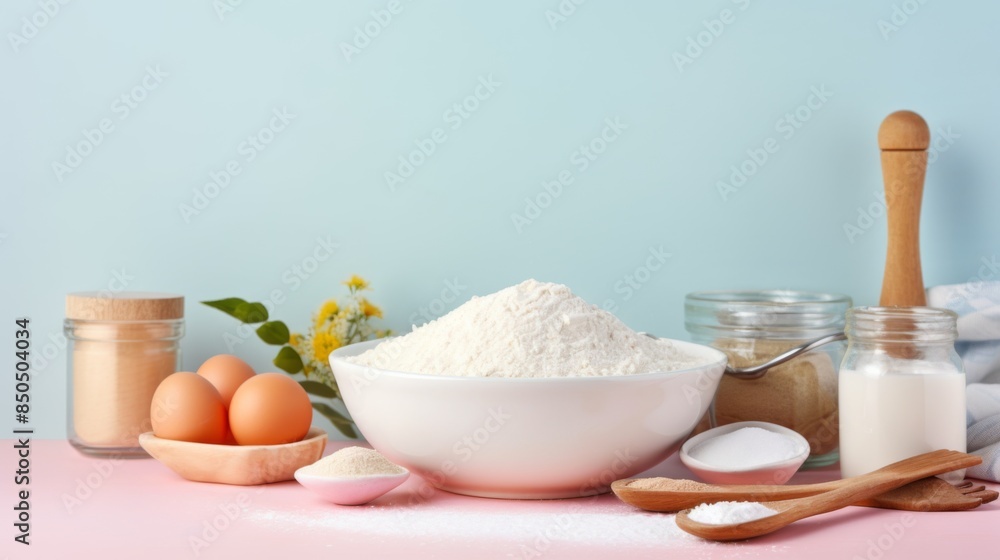 Large bowl of flour dominates the image with eggs and various baking ingredients on a light table Large bowl of flour dominates the image with eggs and various baking ingredients on a light table