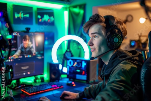 Young Gamer Engaged in an Exciting Streaming Session in a High-Tech Gaming Room at Night © AHNH
