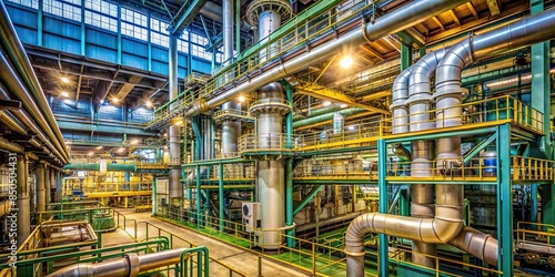 Intricate uranium ore processing plant machinery and piping in a nuclear fuel cycle facility photo