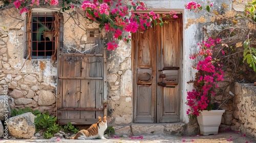 Charming Cyprus scene with vibrant pink bougainvillea blooming over an antique wooden door, while a cuddly cat lounges on a nearby stone wall. photo