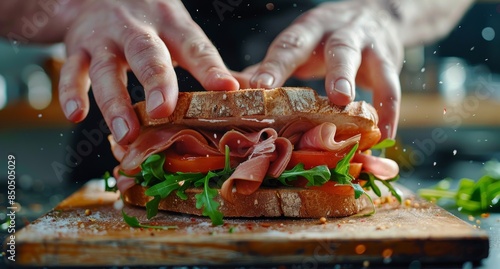 Hands Pressing Down on a Ham and Tomato Sandwich With Arugula