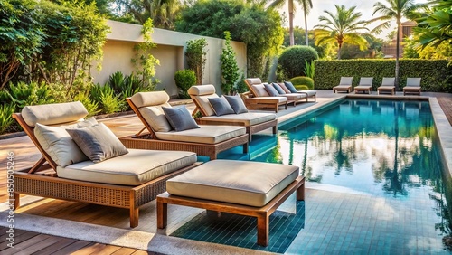 Stylish lounge chairs and a cozy sofa arranged around a pristine pool, stylish, lounge chairs, cozy sofa, pool, relaxation