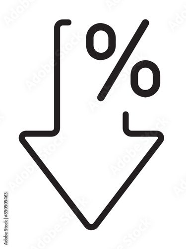 Percent down arrow sign isolated on white background flat vector illustration. Percentage down icon. Percent arrow down flat and line style symbols collection.