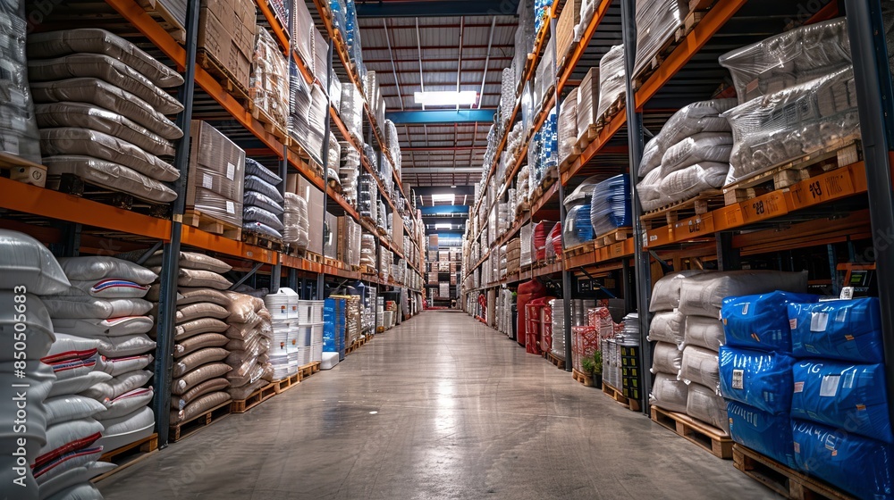 Interior of a large warehouse with organized shelves Interior of a large warehouse with organized shelves