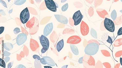 Soft pastel flowers and leaves, hand-drawn seamless pattern design