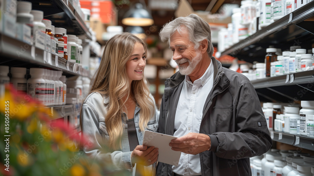 Pharmacist consulting with a senior citizen. Pharmacist consulting with a senior citizen.