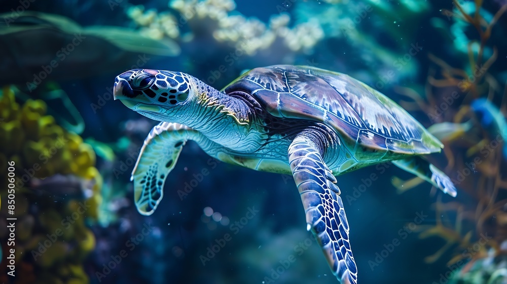 Obraz premium Sea turtle seen at the Aquarium de la Guadeloupe Le Gosier : Generative AI
