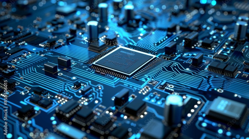 Detailed view of a microprocessor and surrounding circuitry on a computer motherboard The image showcases the complexity of modern electronics Detailed view of a microprocessor and surrounding circuitry on a computer motherboard The image showcases the complexity of modern electronics