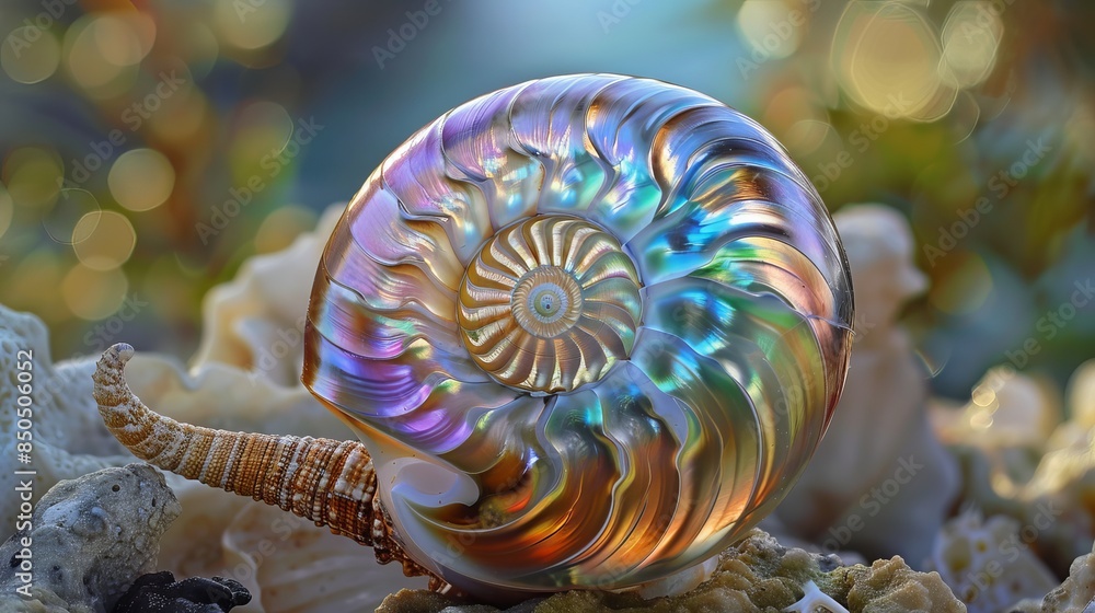 Φωτογραφία Exquisite seashell of the pearly nautilus, its iridescent surface gleaming like mother-of-pearl