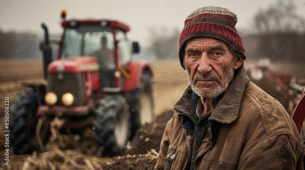 Portrait of a farmer in front of tractor in field. Portrait of a farmer in front of tractor in field.