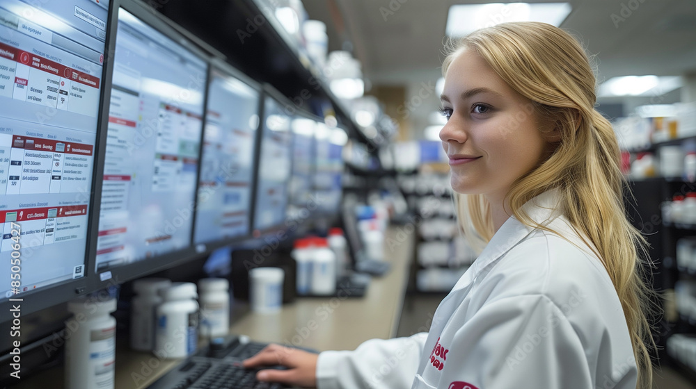 Pharmacist inspecting a shipment of new medications. Pharmacist inspecting a shipment of new medications.