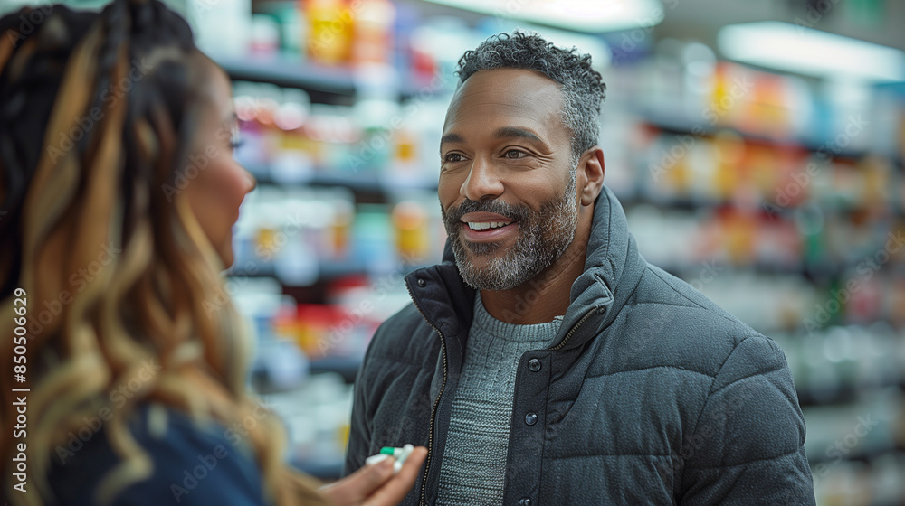 Pharmacist discussing pain management options with a patient. Pharmacist discussing pain management options with a patient.