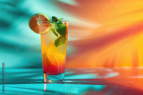 Vibrant Cocktail with Citrus Garnish in Neon Lights