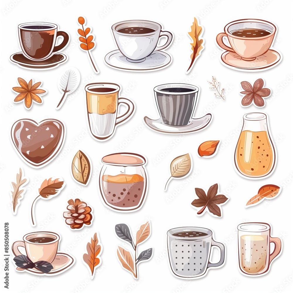 Autumn Coffee Cups and Leaves Illustration in Pastel Colors Autumn Coffee Cups and Leaves Illustration in Pastel Colors