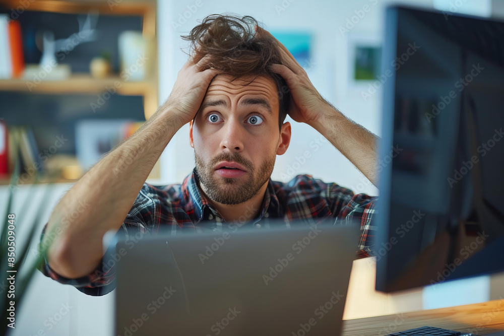 Portrait of sad business man sitting at desk using pc, grabbing head looking at screen. Remote Work. Portrait of sad business man sitting at desk using pc, grabbing head looking at screen. Remote Work.