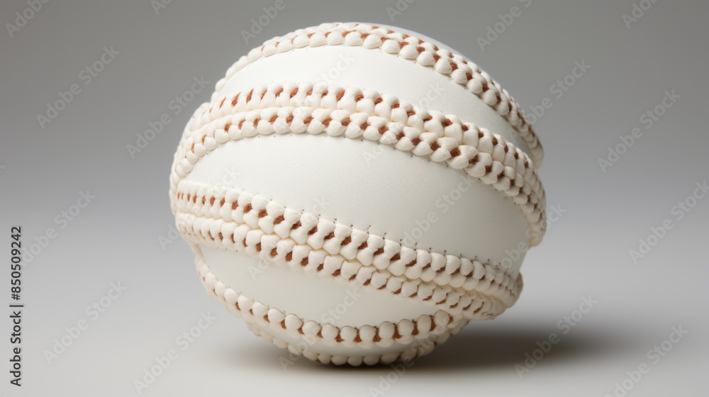 A detailed closeup of a white leather cricket ball against gray A detailed closeup of a white leather cricket ball against gray