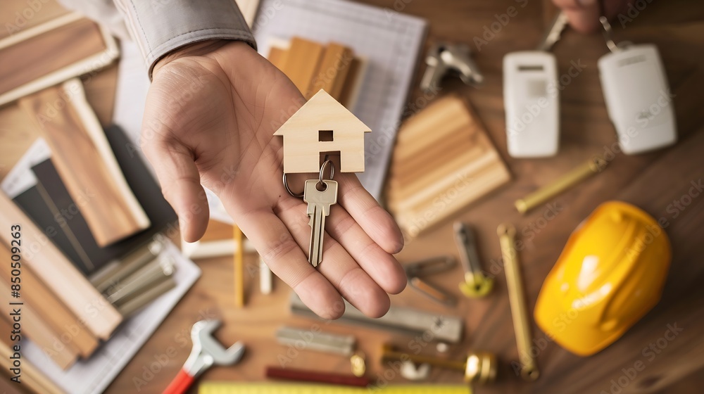 Real estate agent handing over a house key desktop with tools wood swatches and computer on background top view : Generative AI Real estate agent handing over a house key desktop with tools wood swatches and computer on background top view : Generative AI