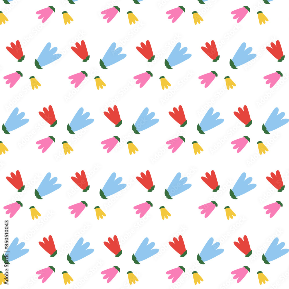 Seamless soft spring pattern with blue, red, pink, yellow flowers for wrapping, holidays, packaging, wallpapers, notebooks, fabrics Seamless soft spring pattern with blue, red, pink, yellow flowers for wrapping, holidays, packaging, wallpapers, notebooks, fabrics