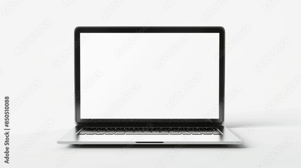 A professional frontal view of a sleek, silver laptop with a white blank screen, isolated on white A professional frontal view of a sleek, silver laptop with a white blank screen, isolated on white