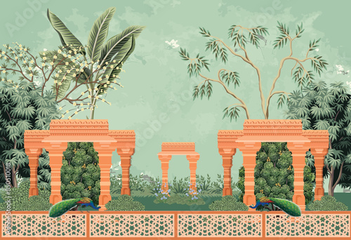 Mughal garden arch, dome illustration for wallpaper, Mughal ancient landscape wallpaper. Traditional Mughal forest garden illustration.peacock wallpaper illustrations.
