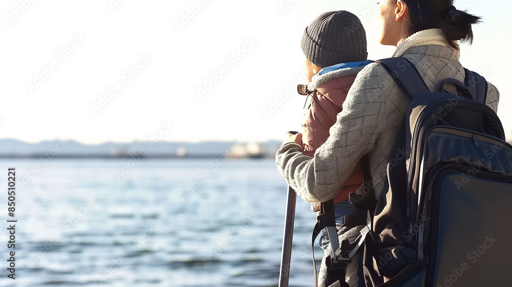 Obraz premium Back view of mother and son with backpacks looking at the sea