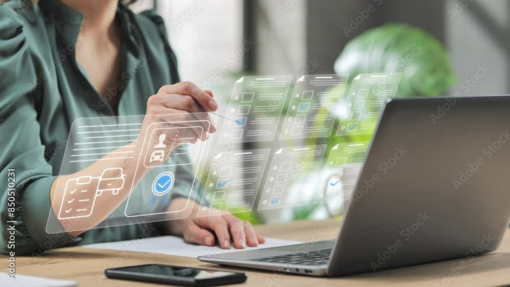 woman at computer takes driving license examination test online,person fills out questionnaire on virtual graphic screen gives right answer and gets the car driver licence on internet