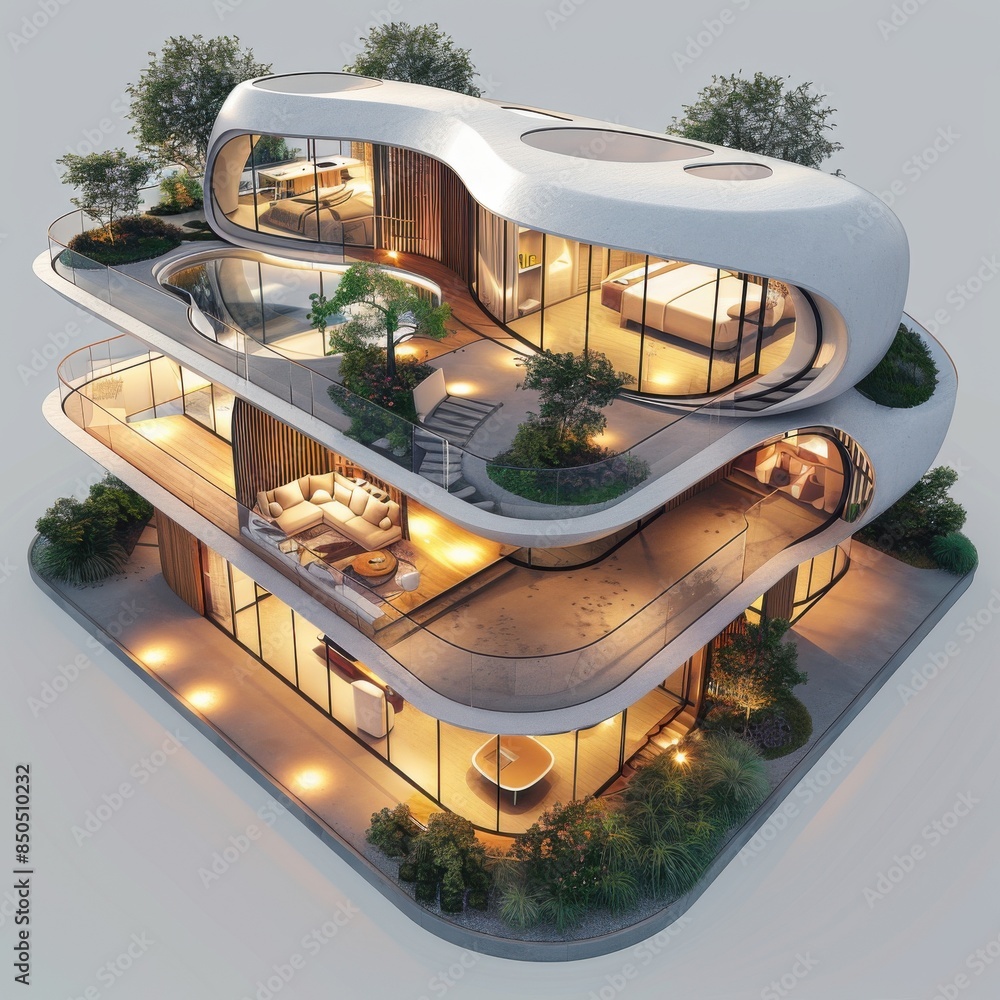 Fototapeta premium Advanced 3D model of a future house, featuring integrated technology and modern architecture, exemplifying next-generation living.