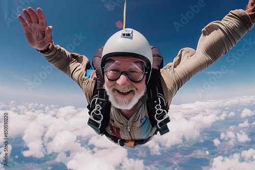 Senior man enjoying a skydiving experience, freefalling through the sky with a look of exhilaration. photo