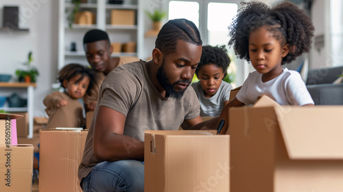 african american father and kids unpacking cardboard boxes at new home