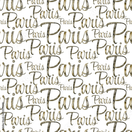 Seamless pattern of Watercolor hand drawn lettering illustration on white background. Paris France. Print on t-shirts and bags, cards, banner or poster, card, design, artistic. Handwritten message