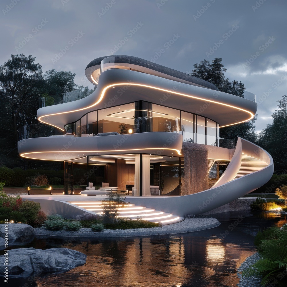 Fototapeta premium Innovative house design with futuristic technology, captured in detailed 3D rendering, showcasing a seamless blend of form and function.