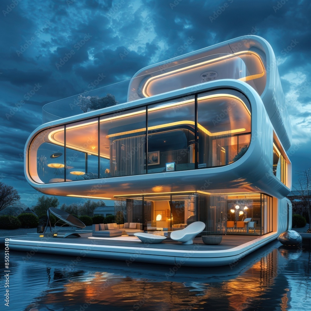 Fototapeta premium Modern house of the future with advanced technology, depicted in stunning 3D detail, highlighting innovative home features.