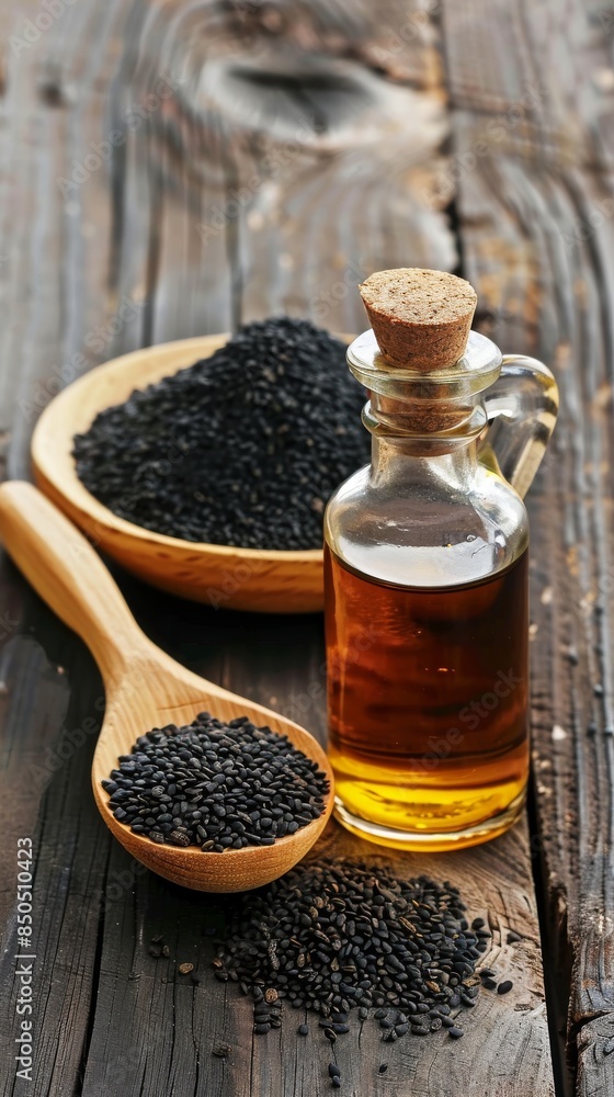 Black Cumin Seeds and Oil on Rustic Wooden Surface Black Cumin Seeds and Oil on Rustic Wooden Surface