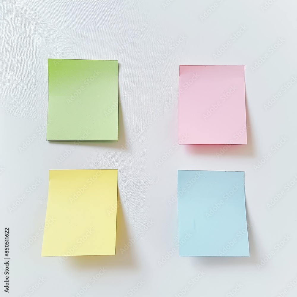 Four small sticky notes (pink, yellow, green, blue) each placed at one corner of the white background. Four small sticky notes (pink, yellow, green, blue) each placed at one corner of the white background.