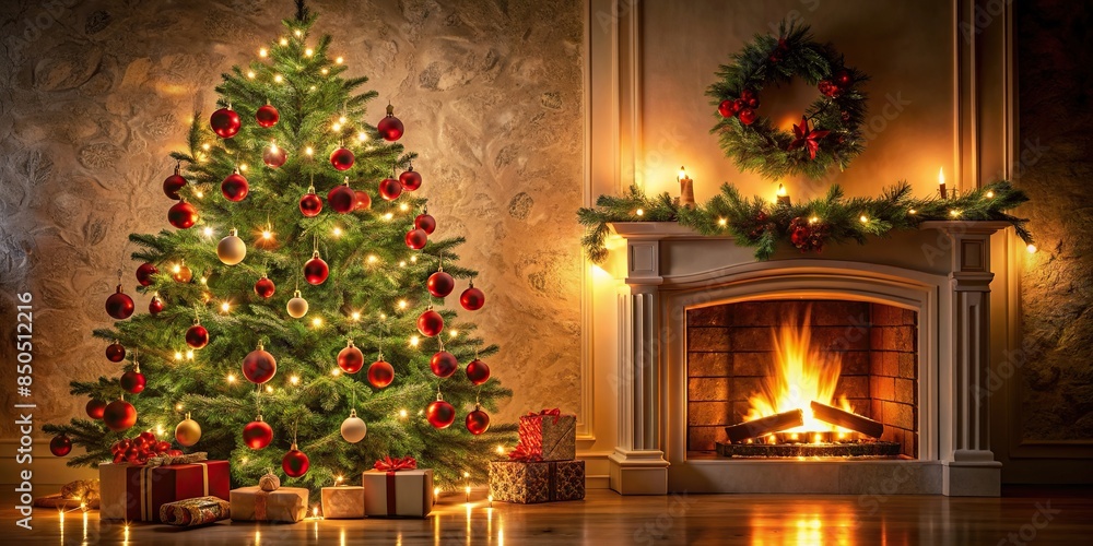 Christmas tree glowing beside fireplace with ornaments and lights, Christmas tree, fireplace, glowing, ornaments, lights