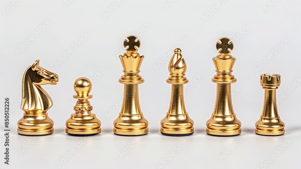 Golden chess pieces such as king, queen, knight, bishop, and pawn are seen on a white background. Golden chess pieces such as king, queen, knight, bishop, and pawn are seen on a white background.