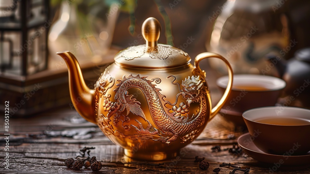 Golden teapot with a Chinese dragon design, perfect for any tea lover. Golden teapot with a Chinese dragon design, perfect for any tea lover.