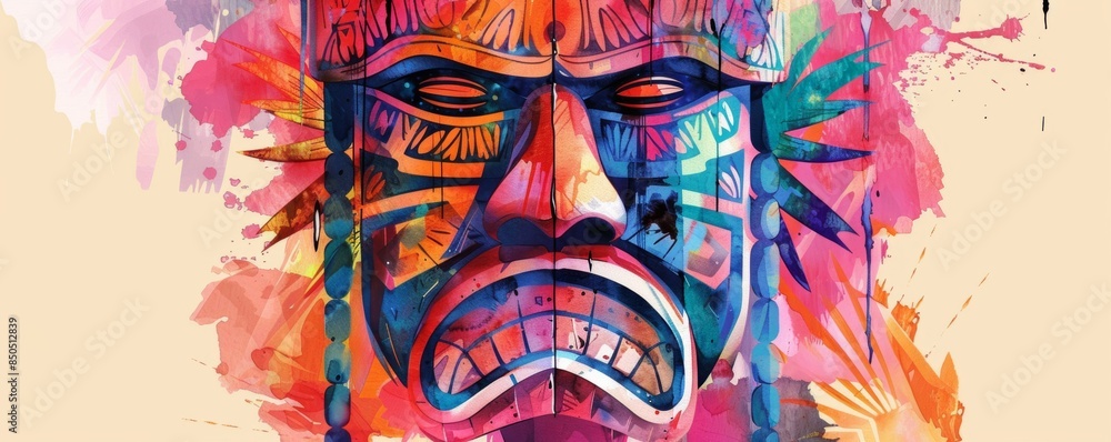 Vibrant Tongan mask with a flat design, featuring a watercolor effect This colorful illustration captures the essence of Tongan artistry in a modern, eye-catching style Vibrant Tongan mask with a flat design, featuring a watercolor effect This colorful illustration captures the essence of Tongan artistry in a modern, eye-catching style