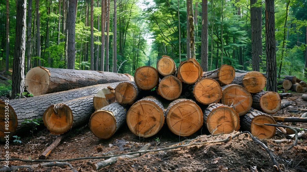 Logs are piled up in the forest. Trees were cut and sawn. The logging industry involves cutting trees for timber used in making wood. Cut trees are kept by the roadside for easy removal. Logs are piled up in the forest. Trees were cut and sawn. The logging industry involves cutting trees for timber used in making wood. Cut trees are kept by the roadside for easy removal.