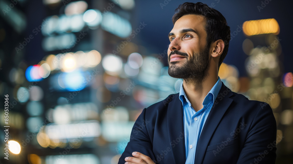 Fototapeta premium Confident young man in a suit, standing with arms crossed, looking up with a smile. Blurred city lights create a vibrant, urban background at night