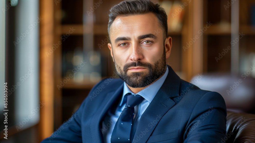 A confident businessman with a beard, wearing a navy blue suit, sits in a professional office environment with wooden shelves in the background, authority, professionalism A confident businessman with a beard, wearing a navy blue suit, sits in a professional office environment with wooden shelves in the background, authority, professionalism