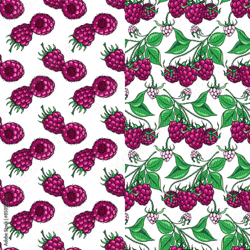 Ripe Pink Raspberries and green leaves. Set of two seamless patterns. Vector illustration.