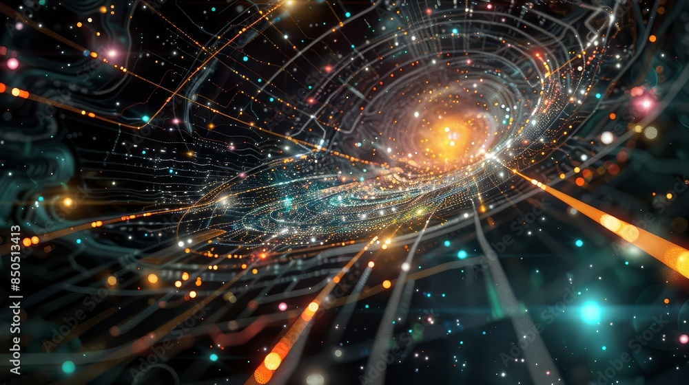 Obraz premium Abstract cosmic wormhole travel illustration - A digital illustration depicting a wormhole or vortex in space with lights and swirling patterns