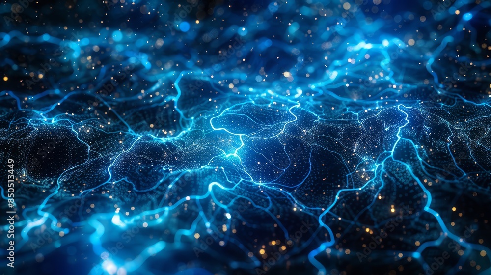 Electric blue network of neural lines - A dynamic computer-generated image of a blue neural network pattern with glowing connections