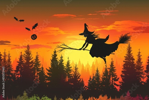 Mysterious witch flying on broomstick through enchanted forest at twilight in halloween travel adventure concept photo