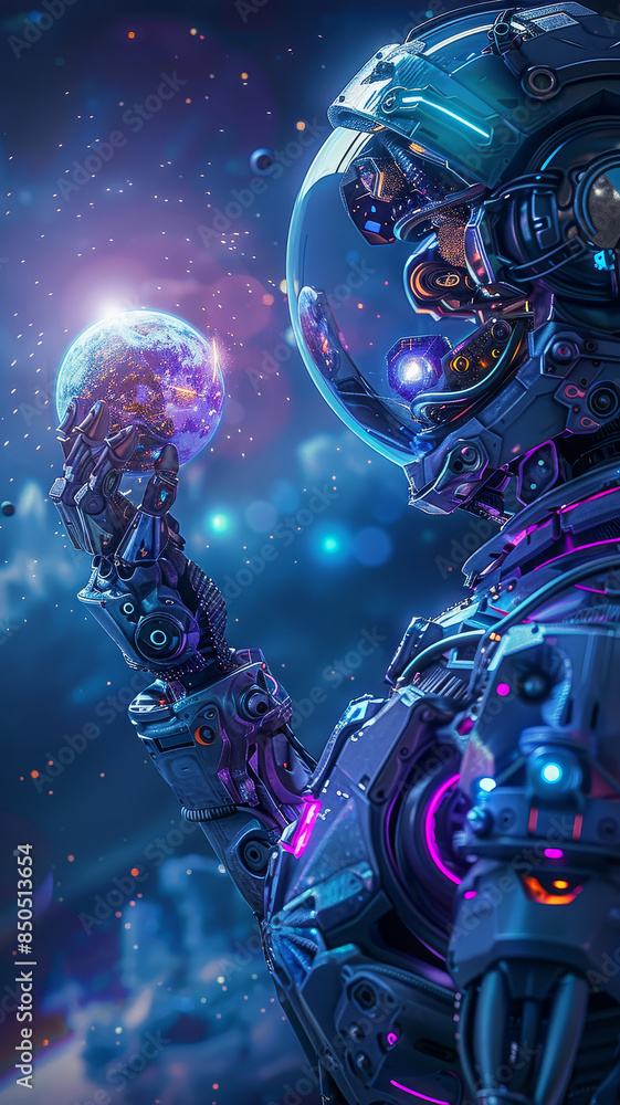 Cyborg holding a glowing earth in space - A highly detailed cyborg with mechanical components holding a miniaturized glowing Earth against a starry space backdrop Cyborg holding a glowing earth in space - A highly detailed cyborg with mechanical components holding a miniaturized glowing Earth against a starry space backdrop