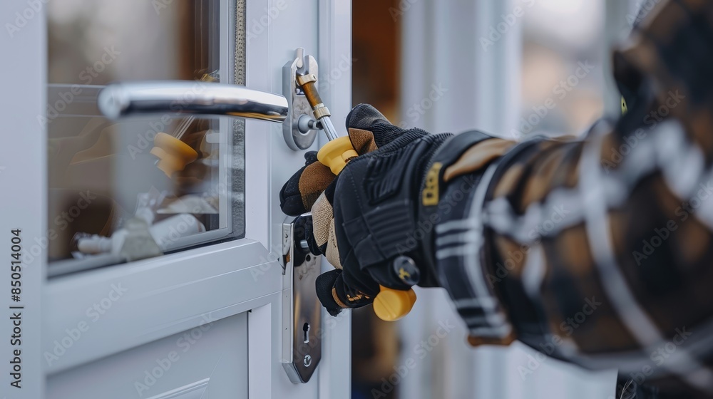 Locksmith fixing a door lock - A professional in protective gloves is engrossed in fixing a modern door lock system using a screwdriver Locksmith fixing a door lock - A professional in protective gloves is engrossed in fixing a modern door lock system using a screwdriver