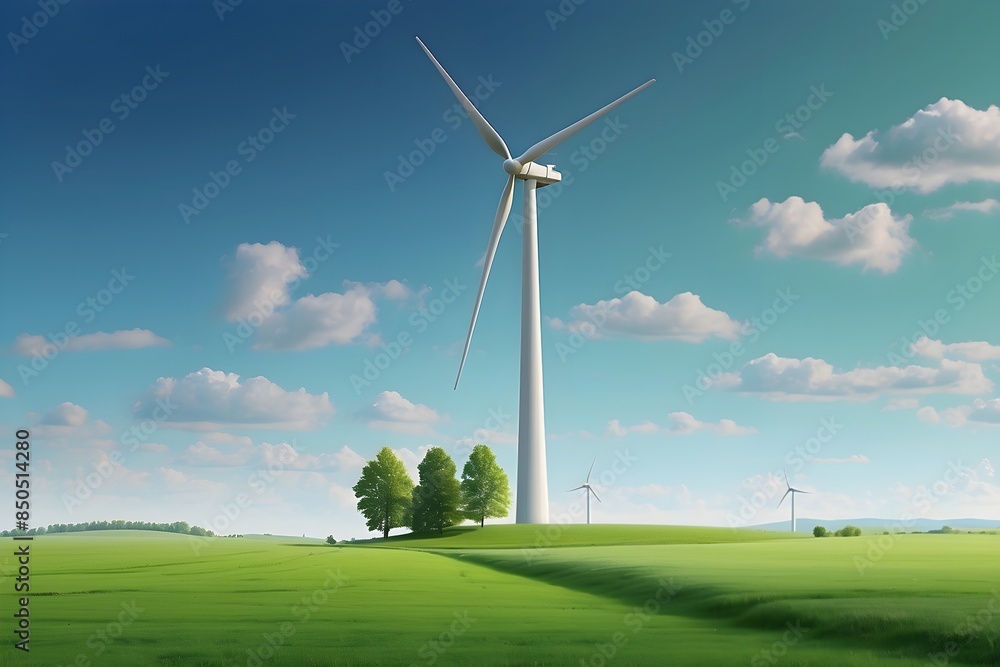 Obraz premium A turbine in green field, turbine spinning, wind turbine 